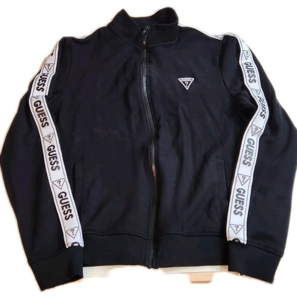 GUESS Black Zip-up Track Jacket Logo & White Stripes On Sleeves Lightweight, S - Picture 1 of 8
